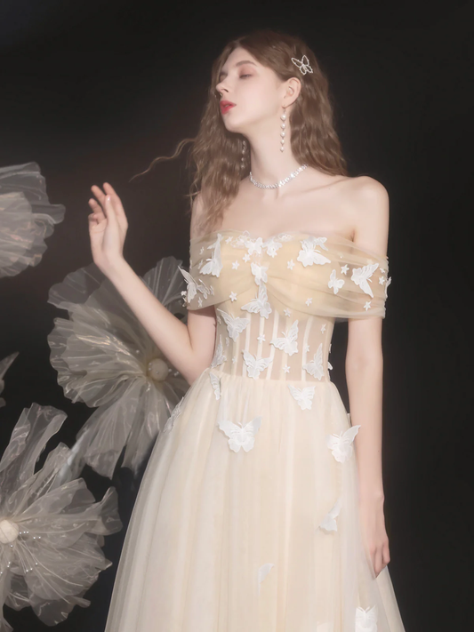 Champagne Lace Off the Shoulder Prom Dress, A-Line Evening Party Dress S5147