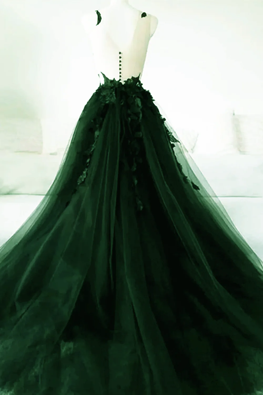 Green A-Line Tulle With Lace Low Back Prom Dress, Green Tulle Evening Dress Party Dress S5078