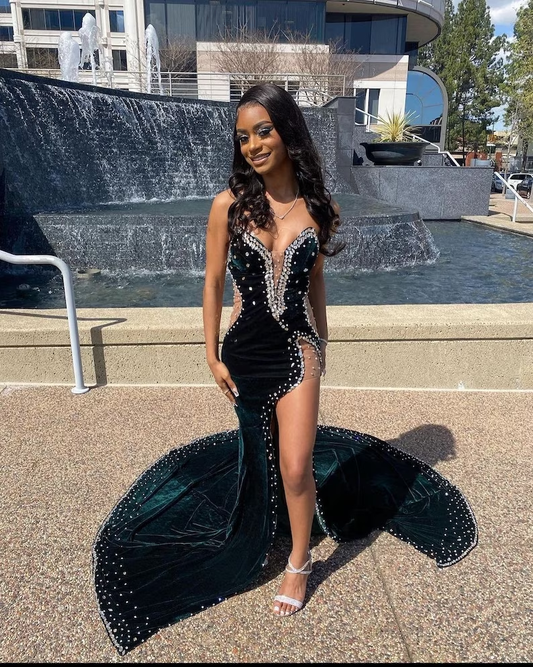 Velvet Prom Dress with High Slit, Wedding Reception Dress, Bridesmaid Dress fg3518