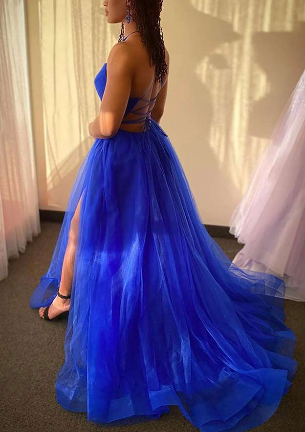 A-line V Neck Spaghetti Straps Sweep Train Tulle Prom Dress With Split fg4750