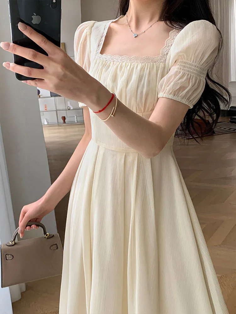 Elegant Dress for Women Short Sleeve Party Fashion Dresses Midi Square Collar Prom Dresses fg4238