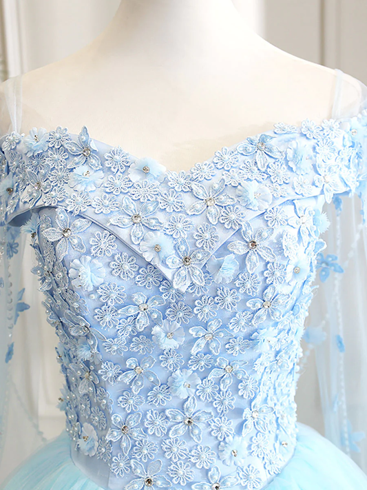 Blue Sweetheart Neck Tulle Lace Long Prom Dress, Blue Evening Dress S5099