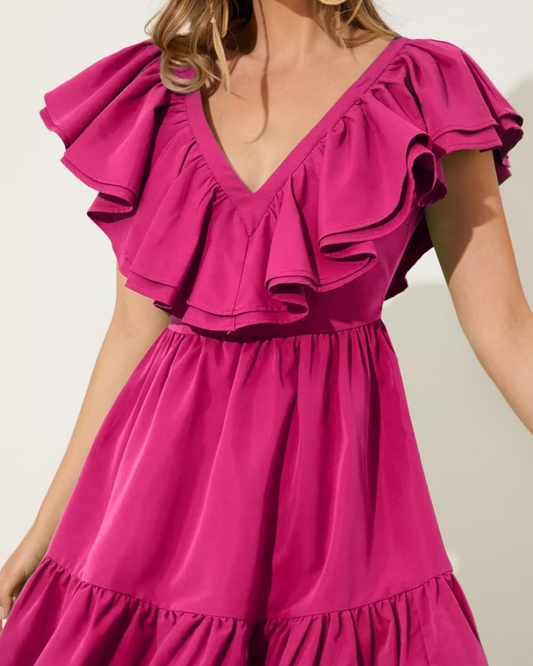 Short Dress V Neck Two Trim Ruffle Hem Dress Homecoming Dress Short Party Dress fg4266
