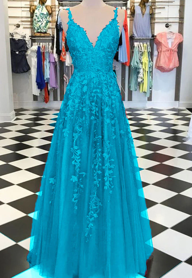 Fancy Girls V neck Lace Appliques Prom Dresses with Straps fg4654