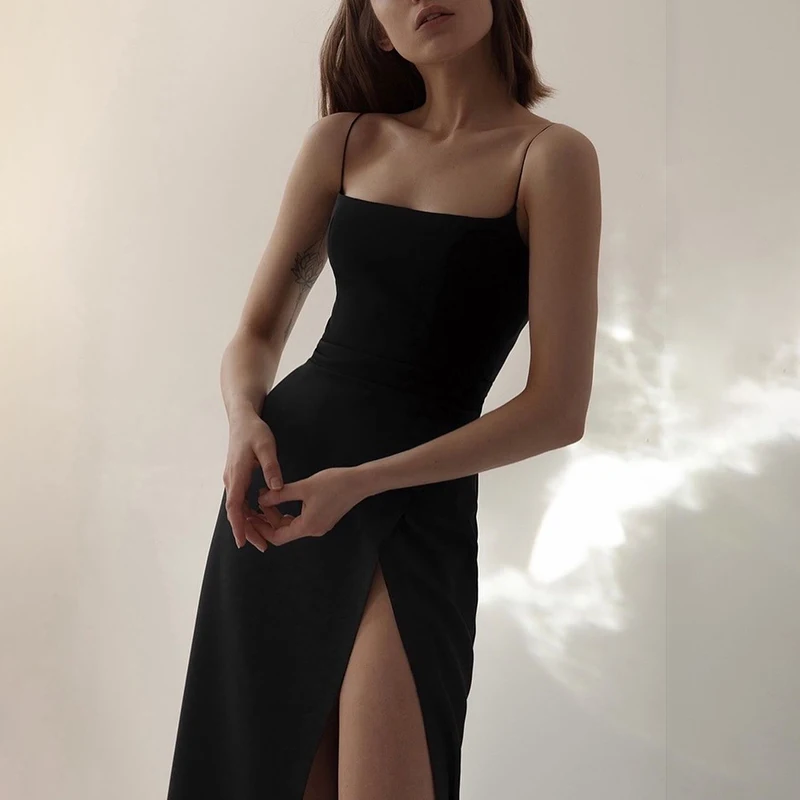 Elegant Sleeveless Ankle-Length Cami Dress For Woman Side Split Sexy Chic Evening Maxi Dress fg4581