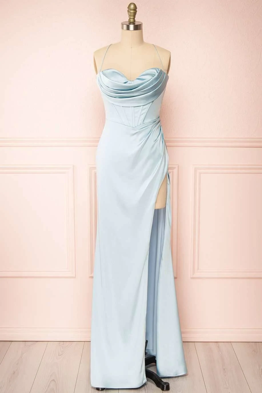 Lace-Up Cowl Neck Ruched Long Party Dress fg3234