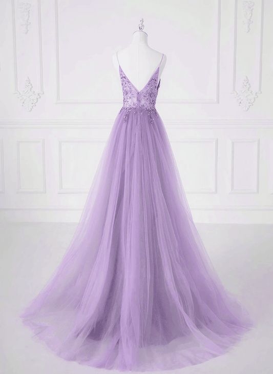 A-line Tulle Lavender Beaded Long Prom Dress, Lavender Tulle Formal Dress fg5414