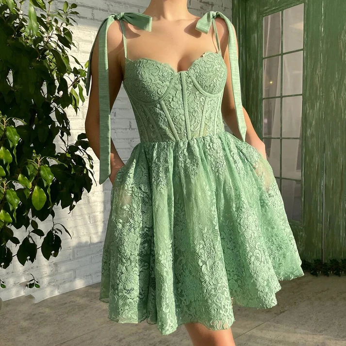 Mint Green Lace Homecoming Dresses A-line Mini Birthday Party Gown Robe de Cocktail Spaghetti Straps Short Prom Wear S2576