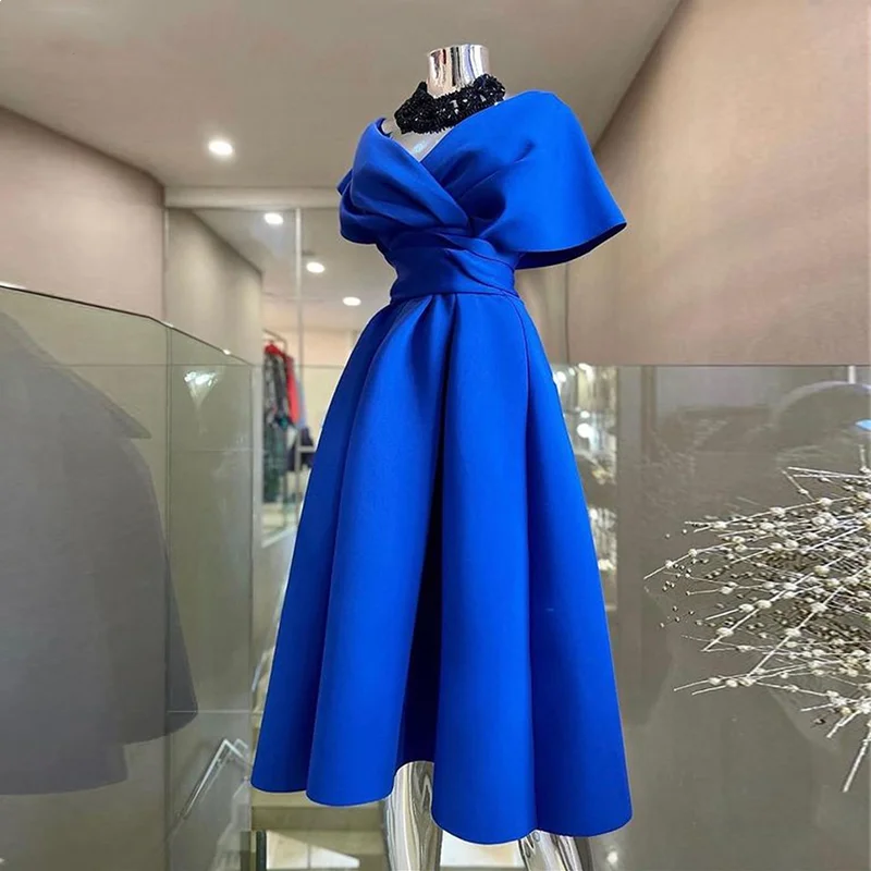 Gorgeous Cocktail Dress for Women Satin Pleated Sexy V Neck Off Shoulder Princess Prom Dresses fg6029