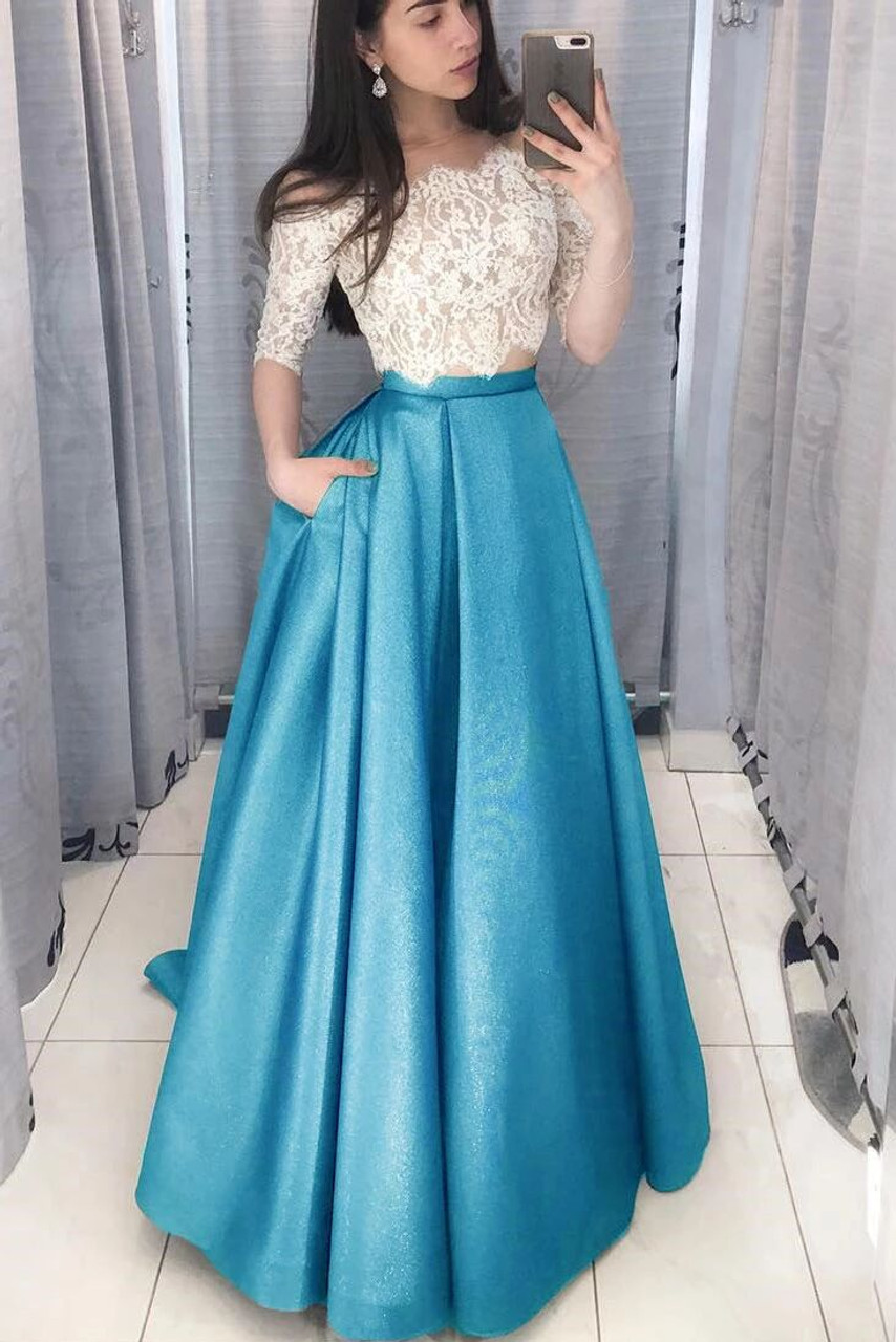 Two Piece Long Prom Dress with White Lace Top fg6170