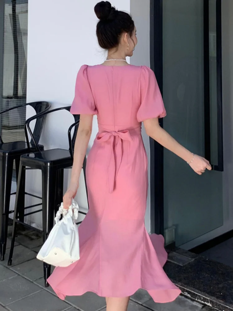 Classy Pink Puff Sleeves Mid-length Prom Dress,Pink Evening Dress fg4680