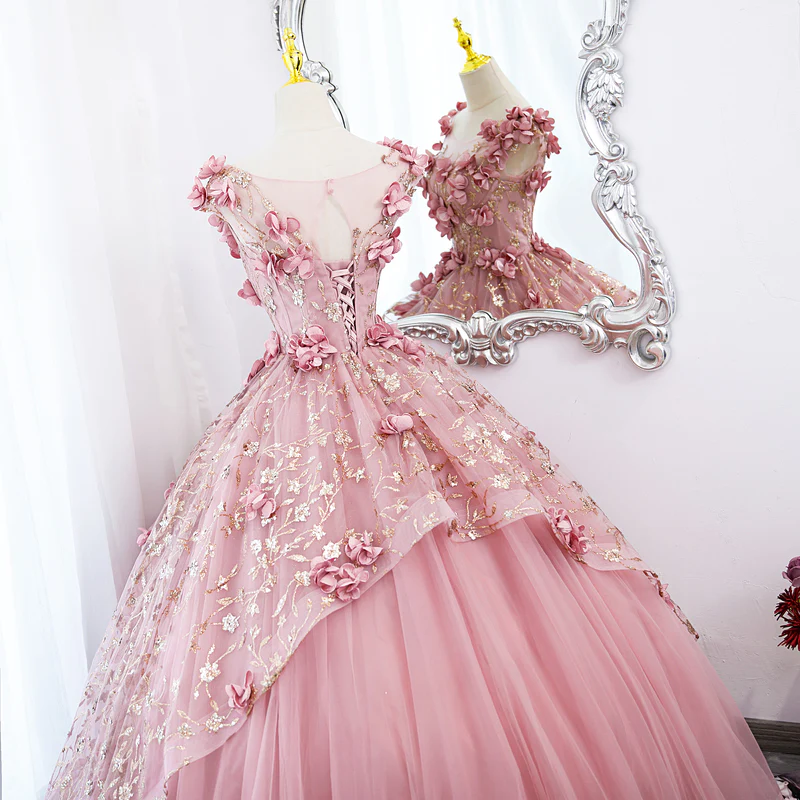 Lovely Pink Tulle Long Party Dress With Flowers Pink Tulle Sweet 16 Gown