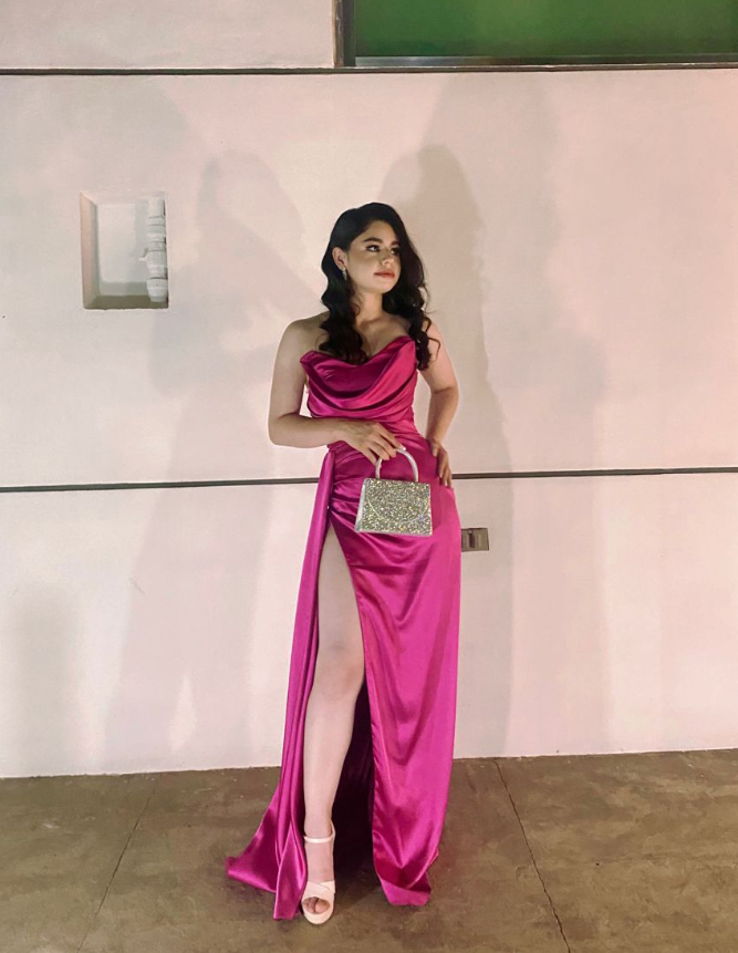 Elegant Hot Pink Strapless Satin Pleated Slit Mermaid Prom Dress Long Wedding Guest Dress D1239