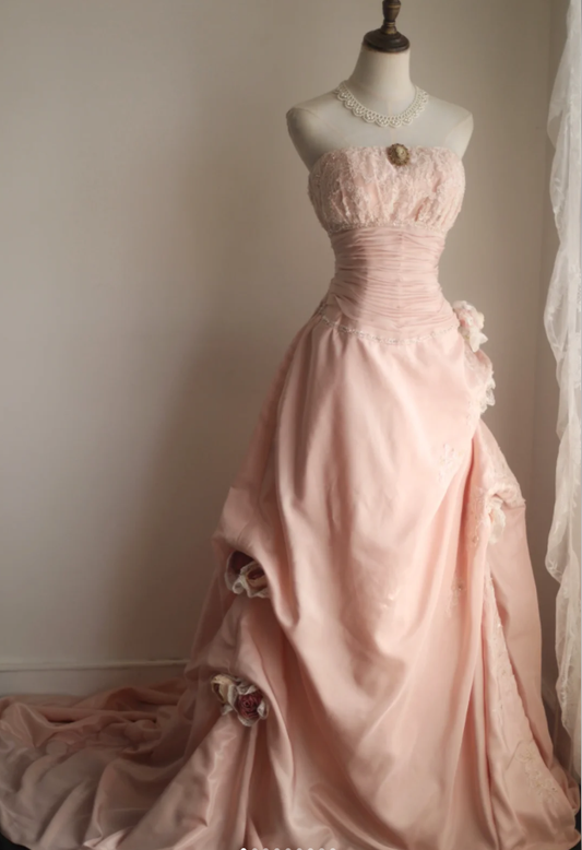 Pretty Pink Strapless Satin Lace Appliques Mermaid Long Party Dress Birthday Dress With 3D Flowers D2330