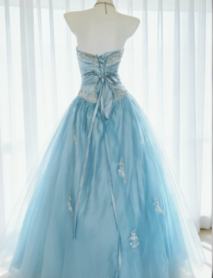 Fairy Sweetheart Neck Blue Tulle Appliques Long Wedding Guest Dress Formal Party Dress SP1633