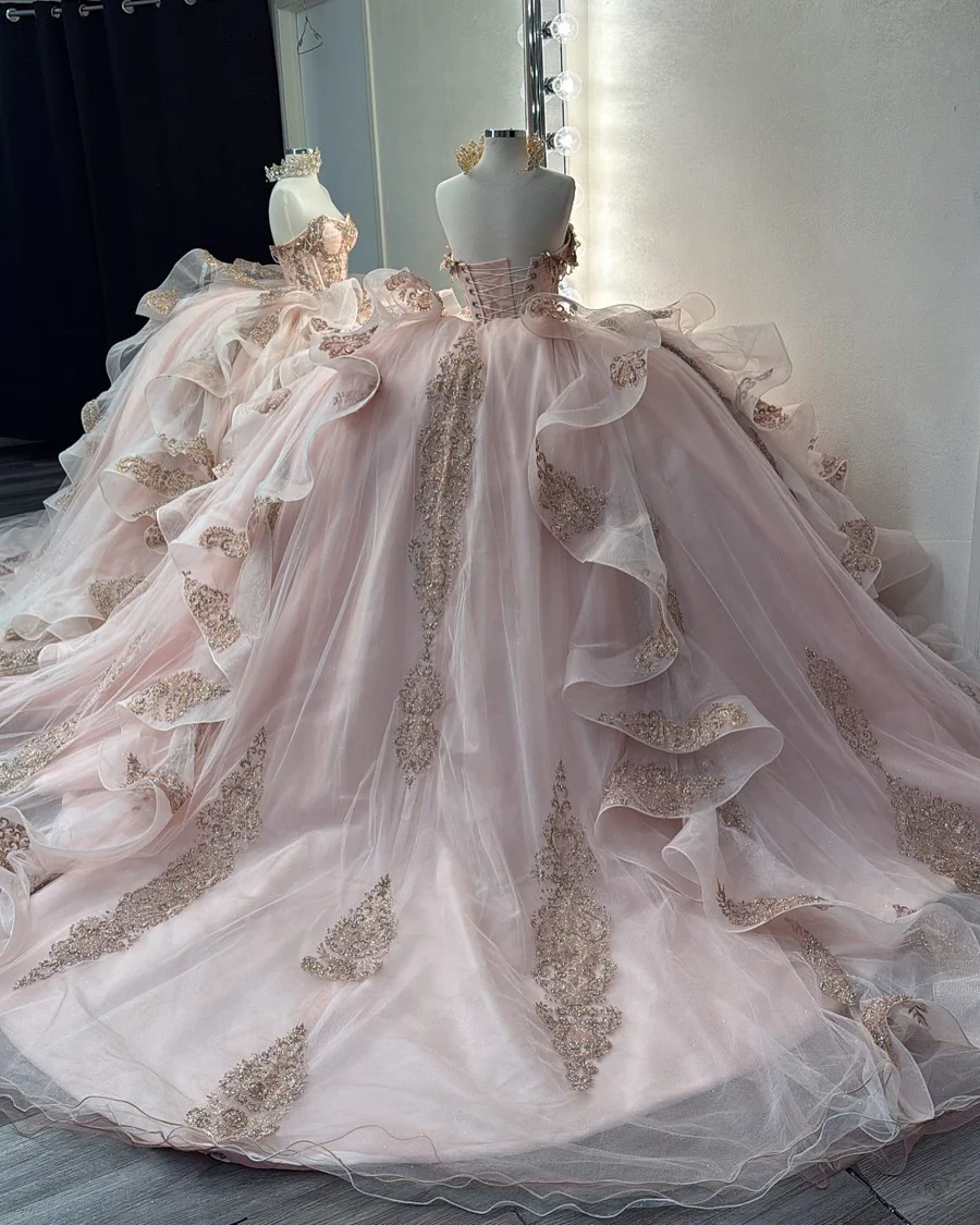 Pretty Pink Off The Shoulder Tulle Beaded Appliques Quinceanera Dress Sweet 16 Dress D1393