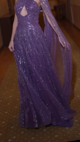 Shiny Purple Tulle Sequin Beaded A Line Long Wedding Guest Dress Formal Birthday Party Dress Evening Dress D1925