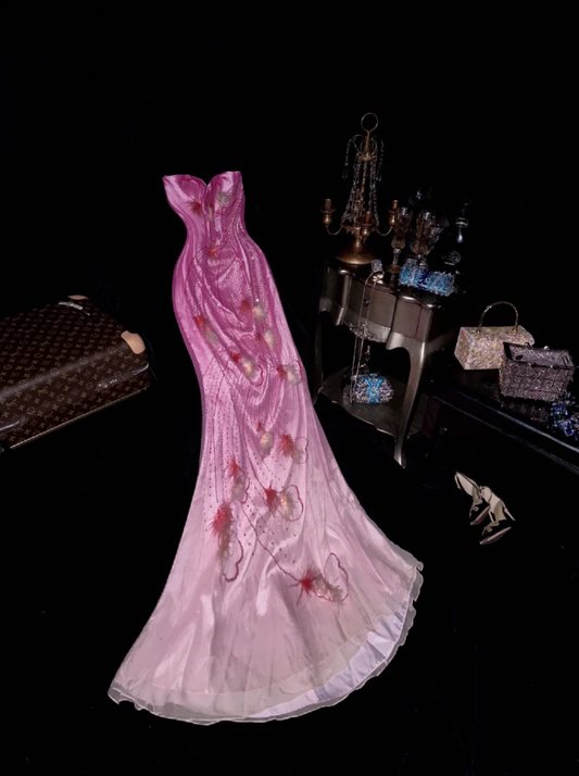 Pretty Strapless Ombre Pink Chiffon Beaded Birthday Outfits Mermaid Long Evening Dress SP785
