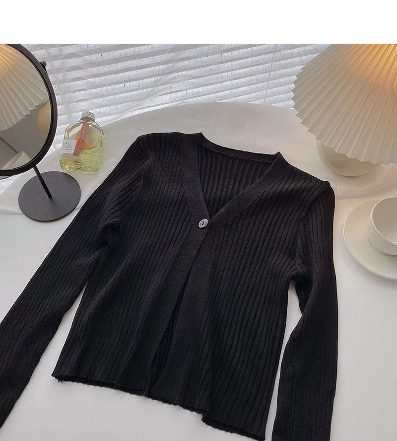 Candy V-neck one button cardigan versatile long sleeve short top S2528