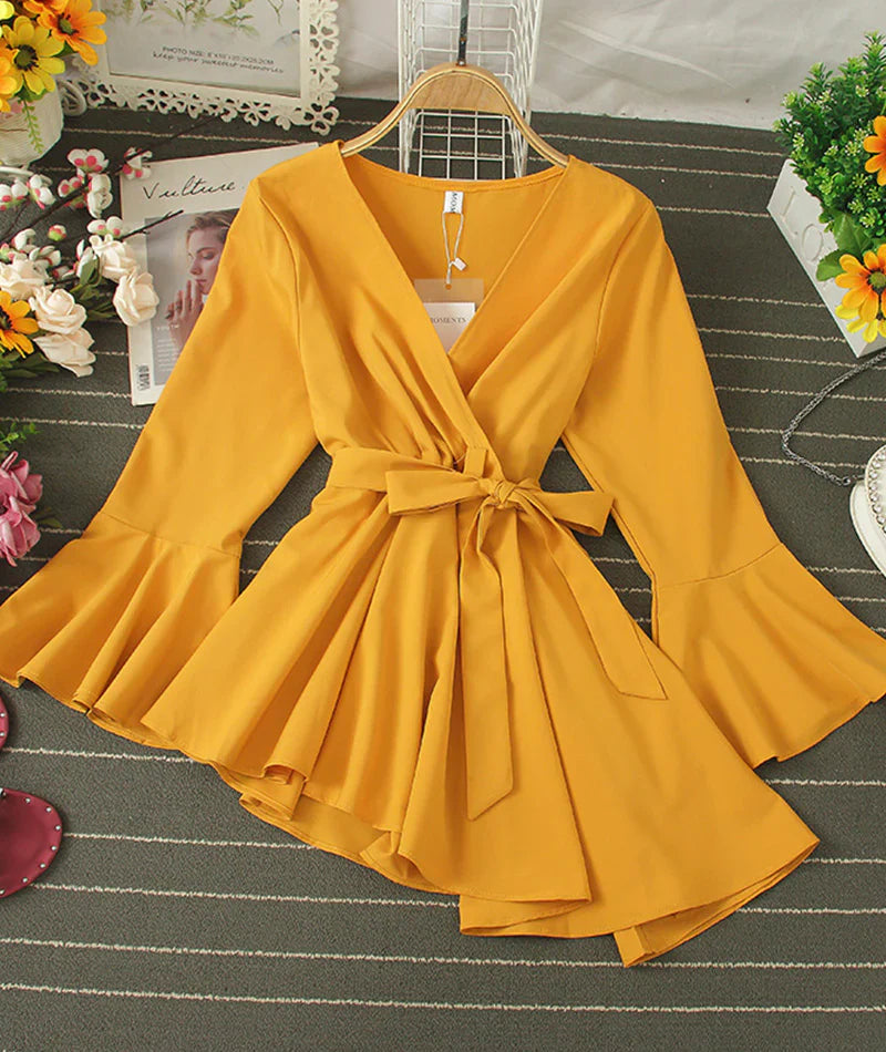 Stylish v-neck irregular top long sleeve flared top S2533