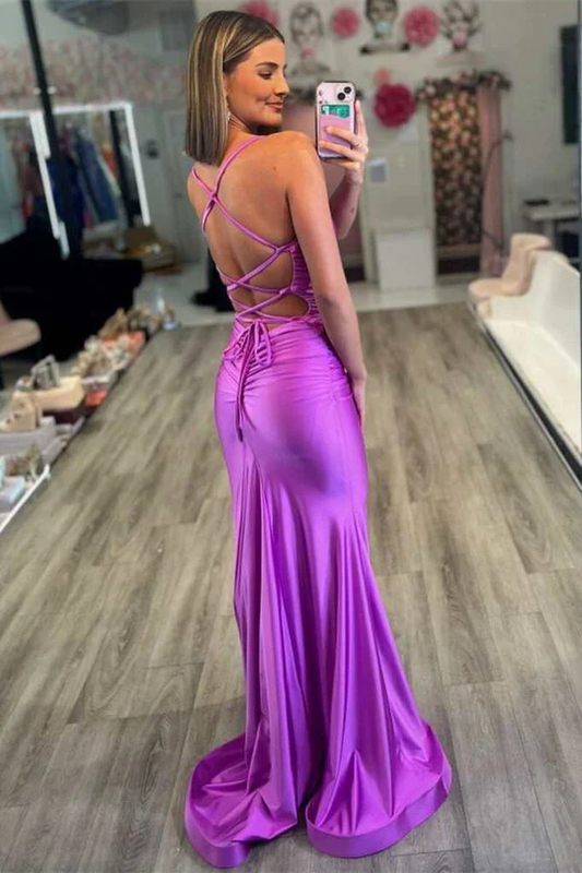 Sexy Purple V-Neck Lace-Up Back Mermaid Long Prom Dress Y7277