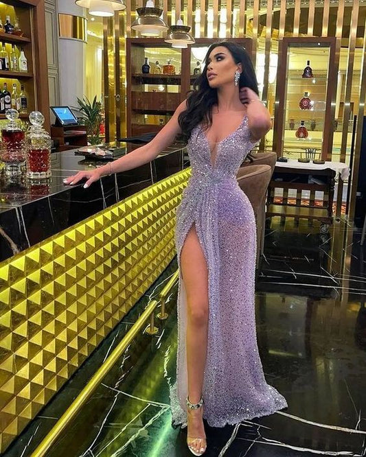 Plunge V Neck Sequins Long Evening Dress Sexy Prom Dress Y47