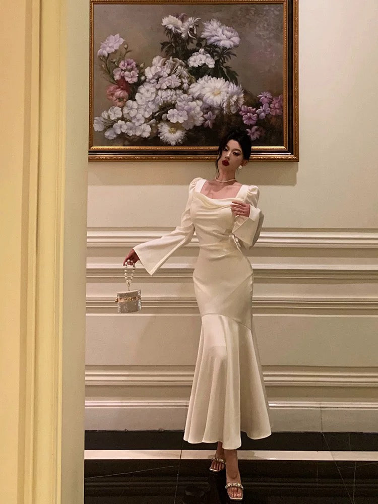 Classy Mermaid Square Neckline Long Sleeves Prom Dresses Birthday Outfits Evening Gown