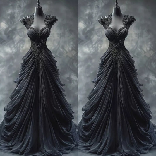 Black Gothic Wedding Dresses Ruched Lace Appliques V Neck Sleeveless Bridal Gown S7126