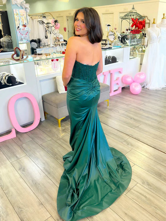 Sweetheart Neck Strapless Mermaid Green Lace Long Prom Dresses with Train, High Slit Green Lace Formal Graduation Evening Dresses S7198