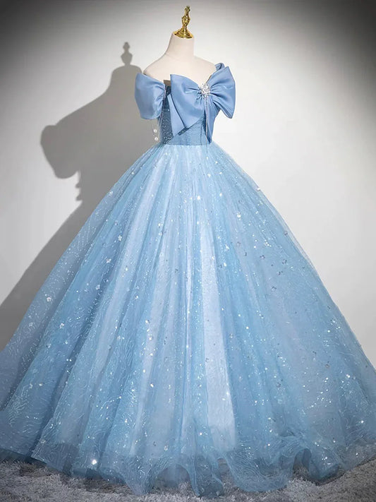 Light Blue Tulle Sequins Long Prom Dress, Lovely A-Line Evening Party Dress S7193