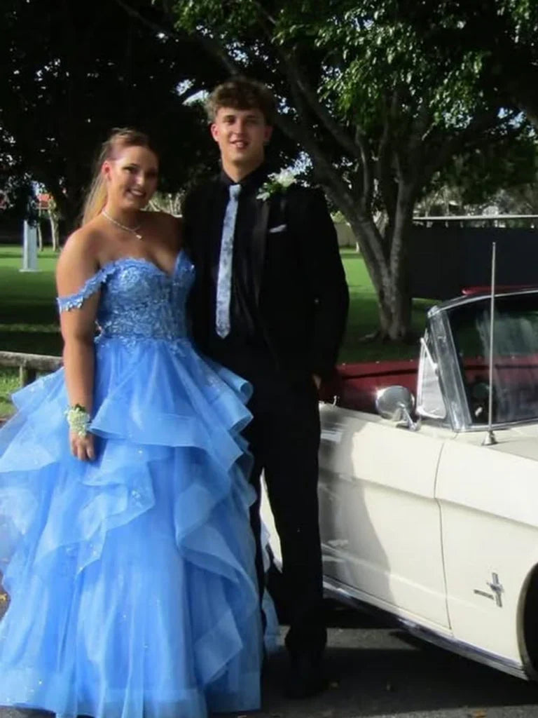 Off the Shoulder Fluffy Light Blue Lace Long Prom Dresses, Light Blue Lace Formal Evening Dresses S7195