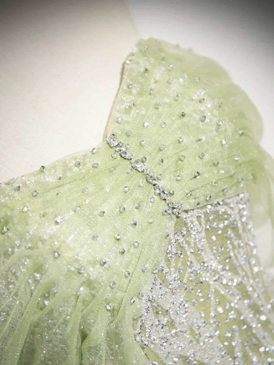 Green Tulle Sequins Long Prom Dress, Beautiful Off the Shoulder Party Dress S7191