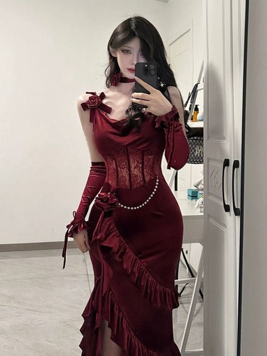 Sexy Mermaid Straps Burgundy Velvet Long Evening Gowns Prom Dresses