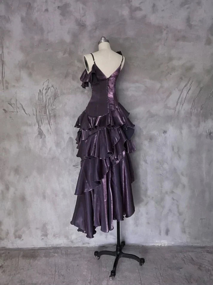 Retro Spaghetti Strap Irregular Ruffled Detachable Rose Design Elegant Satin Evening Dress Prom Dress D1583