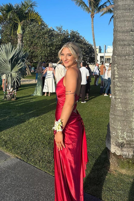 Simple Mermaid Spaghetti Straps Neckline Long Party Dress Satin Red Prom Dresses SD2431