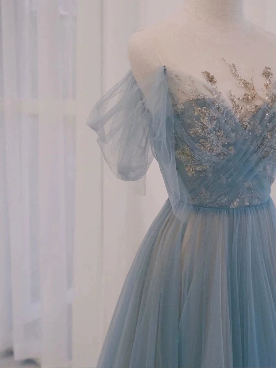 Pretty A Line Off The Shoulder Blue Tulle Long Length Evening Dress Prom Dresses SD2790