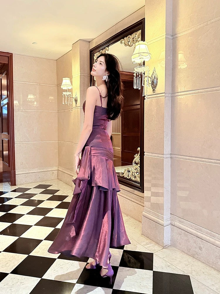 Retro Mermaid Spaghetti Straps Long Length Grape Evening Dress Prom Dresses SD2848