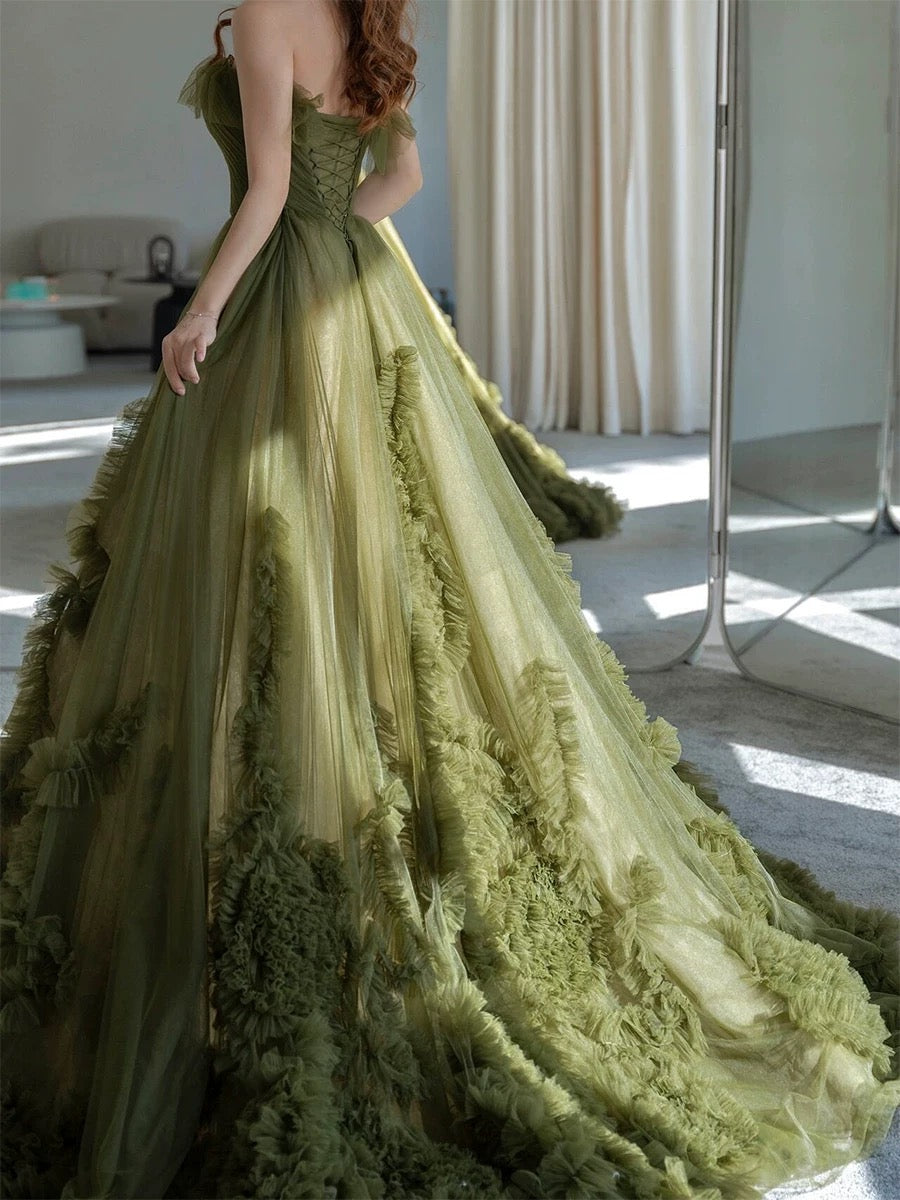 Sexy Ball Gown Strapless Neckline Green Ruffles Evening Dress Prom Dresses