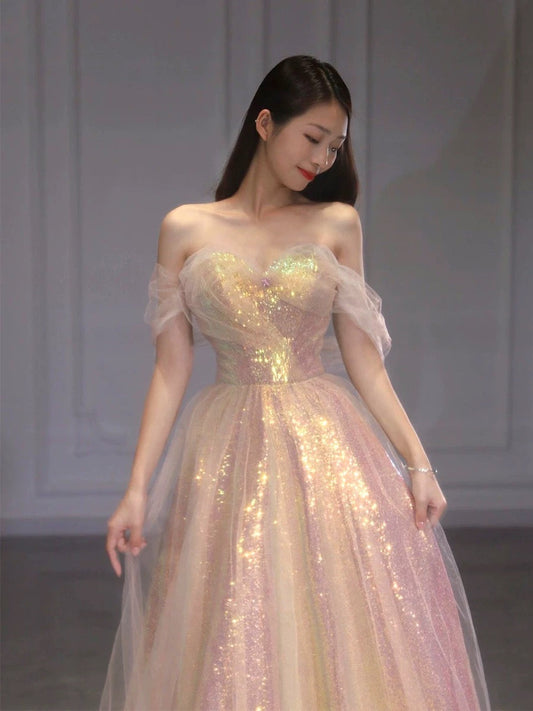 Classy Elegant Ball Gown Off The Shoulder Pink Short Sleeves Tulle Long Prom Dresses H2894