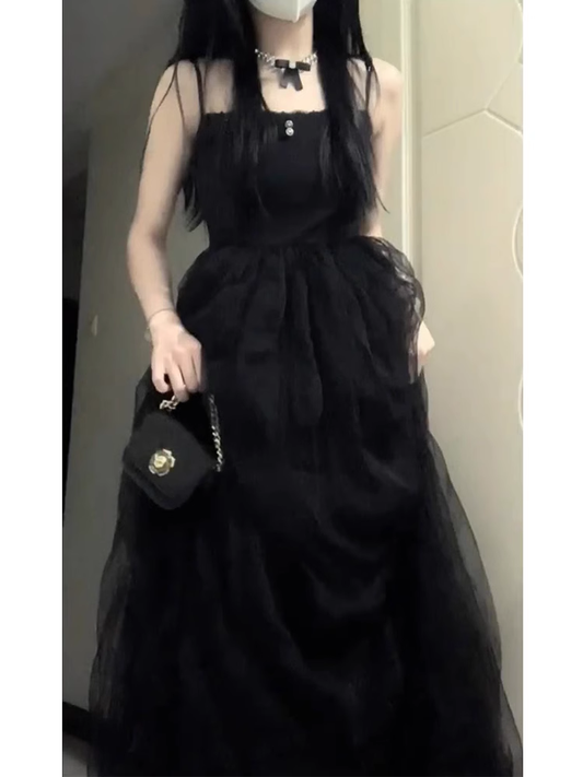 Chic Ball Gown Spaghetti Straps Black Tulle Long Birthday Dresses Birthday Outfits