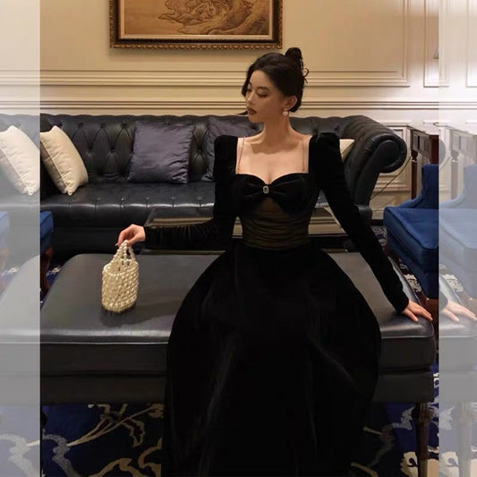Pretty A Line Square Neckline Long Sleeves Black Velvet Prom Dresses Birthday Outfits Evening Gown