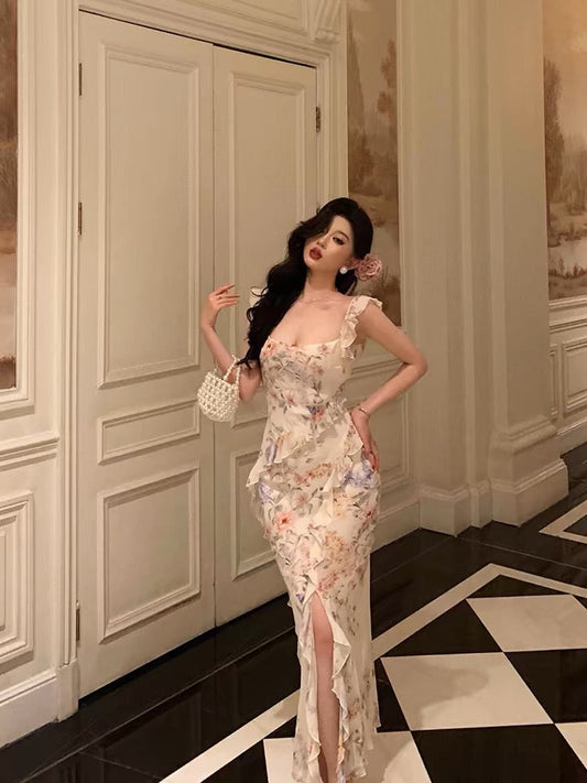 Pretty Sheath Straps Floral Chiffon Long Prom Dresses Birthday Outfits Evening Gown