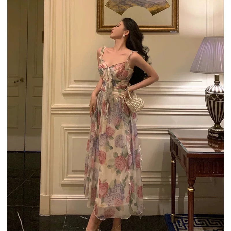 Elegant A line Spaghetti Straps Pink Floral Prom Dresses Birthday Outfits Evening Gown