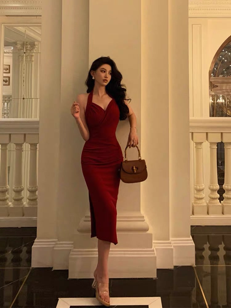 Simple A line Halter Red Prom Dresses Birthday Outfits Evening Gown