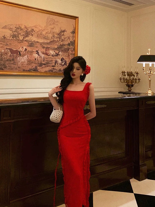 Sexy A Line Square Neckline Red Chiffon Prom Dresses Birthday Outfits Evening Gown