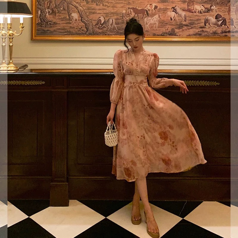 Sexy A Line V Neckline Long Sleeves Pink Floral Prom Dresses Birthday Outfits Evening Gown