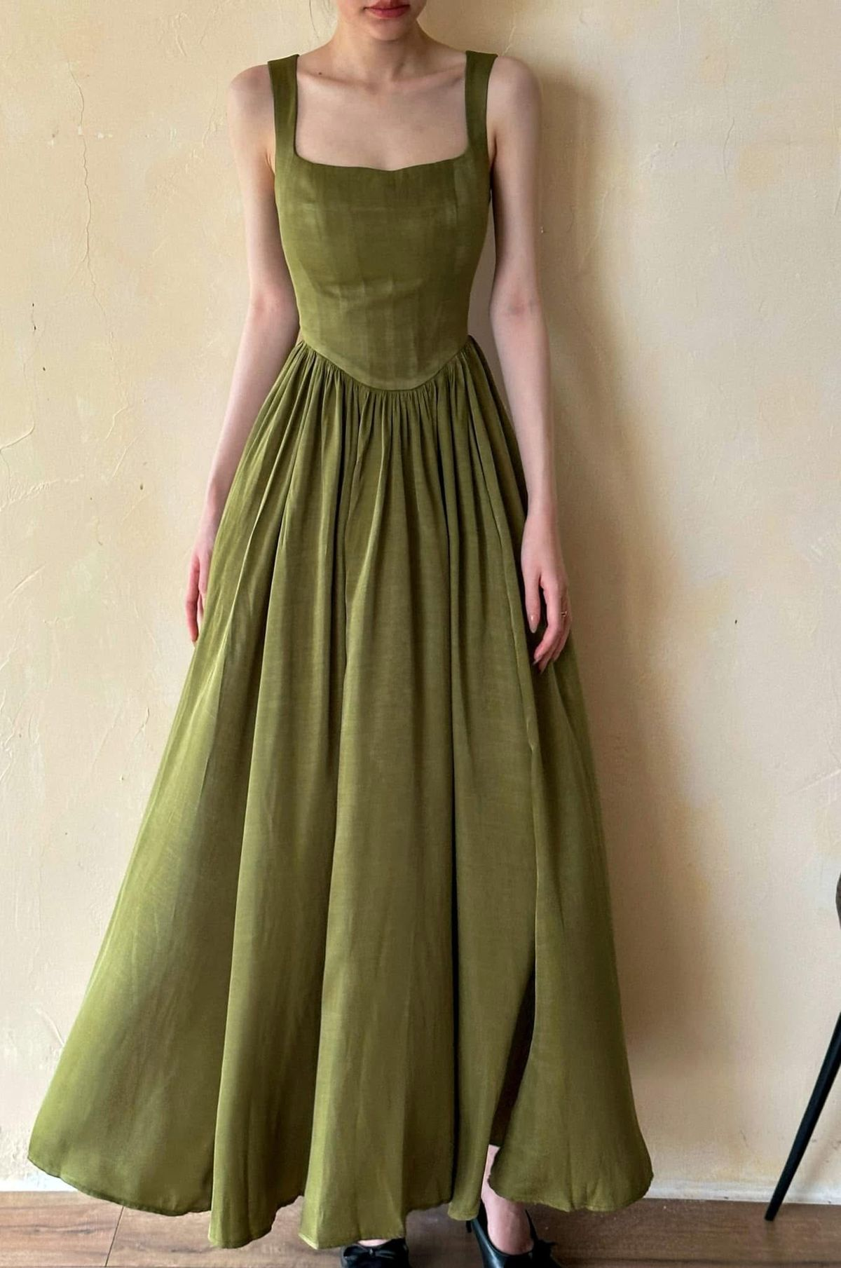 Fashion Green Square Neck Satin A Line Birthday Prom Gown Long Evening Dress Wedding Guest Dress SP1289