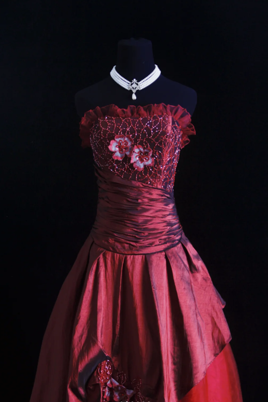 Vintage Burgundy Strapless Satin Tulle Beaded A Line Long Evening Dress Birthday Prom Gown
