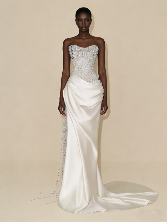 Stunning Strapless Sheath Satin Beaded Long Evening Party Dress Birthday Outfits, D980