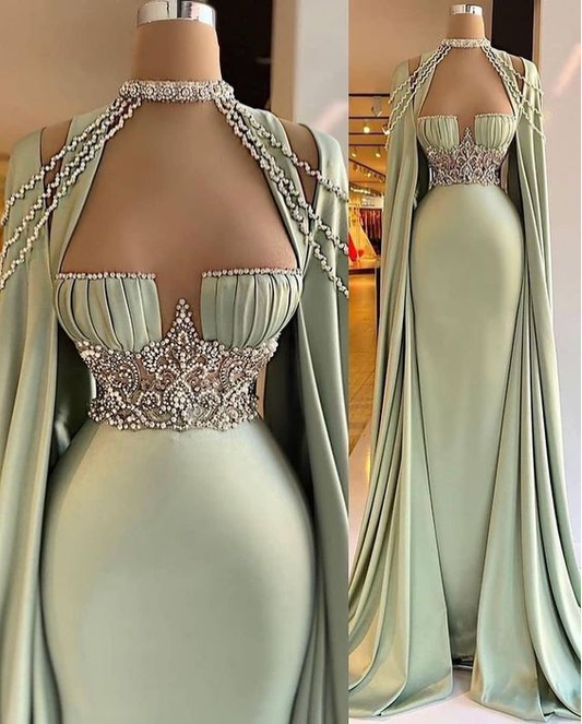 Arabic Green Mermaid Evening Dress Elegant Sleeveless Halter Neck Soft Satin Beading Prom Dresses Long Party Gown C1995